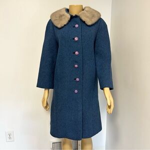 Vintage 60 Presentation Blue Wool Tweed Coat Mink Fur Collar ILGWU Mod MidLength